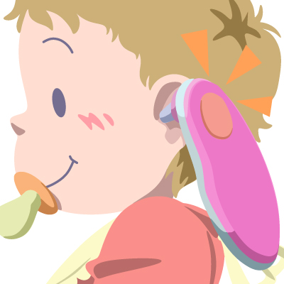 体温の測り方／体温の測定方法「耳での検温方法」で、 乳児へ耳式体温計を用いいている様子のイラスト。