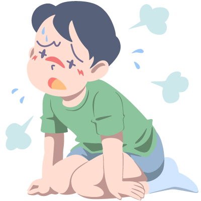 体温と健康「体温の調節異常」の子供が 自己体温の調節が出来なくなって弱っている様子のイラスト。