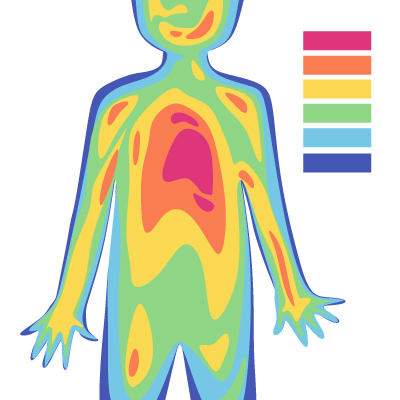 体温と健康「体温とは？」 人体のサーモグラフィのイメージイラスト。