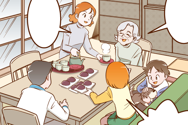 漫画本文、家族でおばあちゃんの家にやってきて団欒する様子のイラスト。