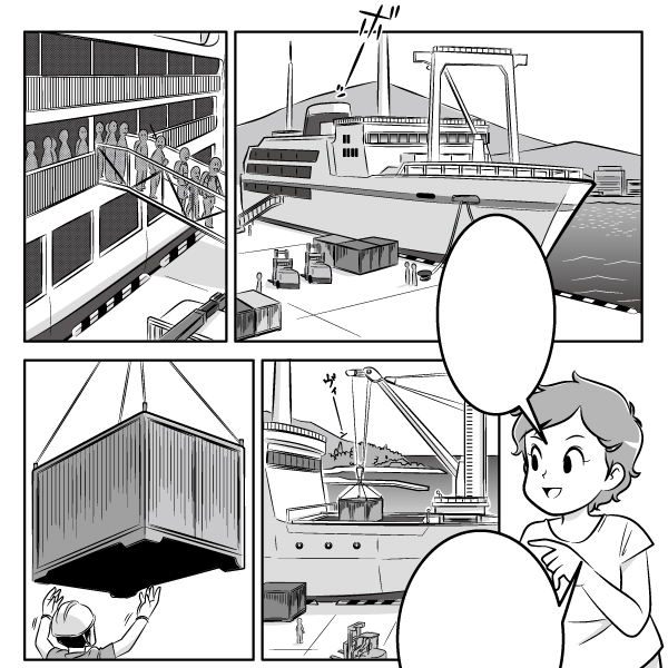 本文漫画サンプル
島の港に船が入港している様子のイラスト
